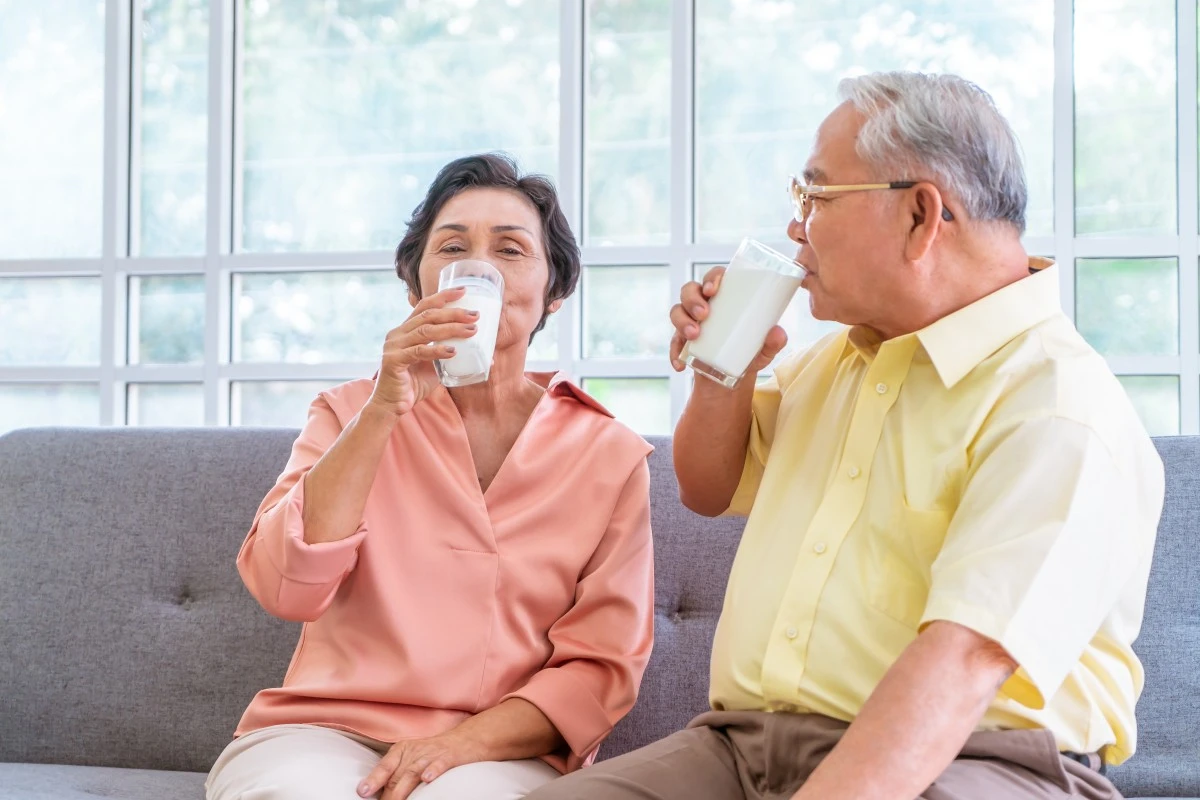 Senior couple sitting on a sofa drinking glasses of milk.